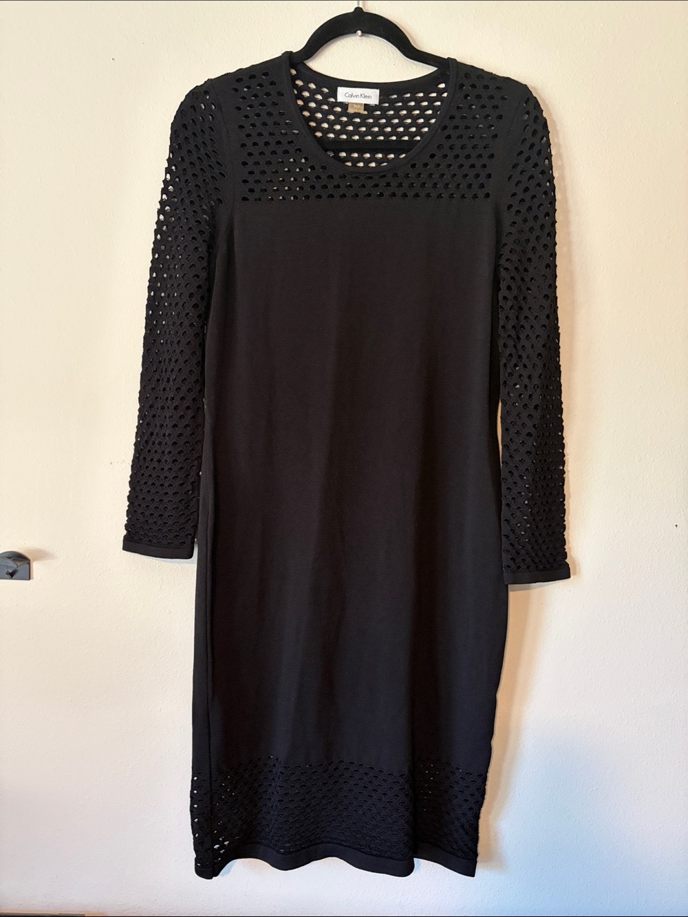Calvin Klein Black Long Sleeve Eyelet Paneled Dress